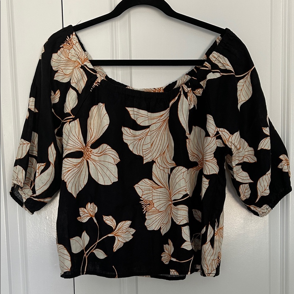 Cynthia Rowley 100% Linen Black Floral Off-Shoulder Top with Cream Tan Blooms